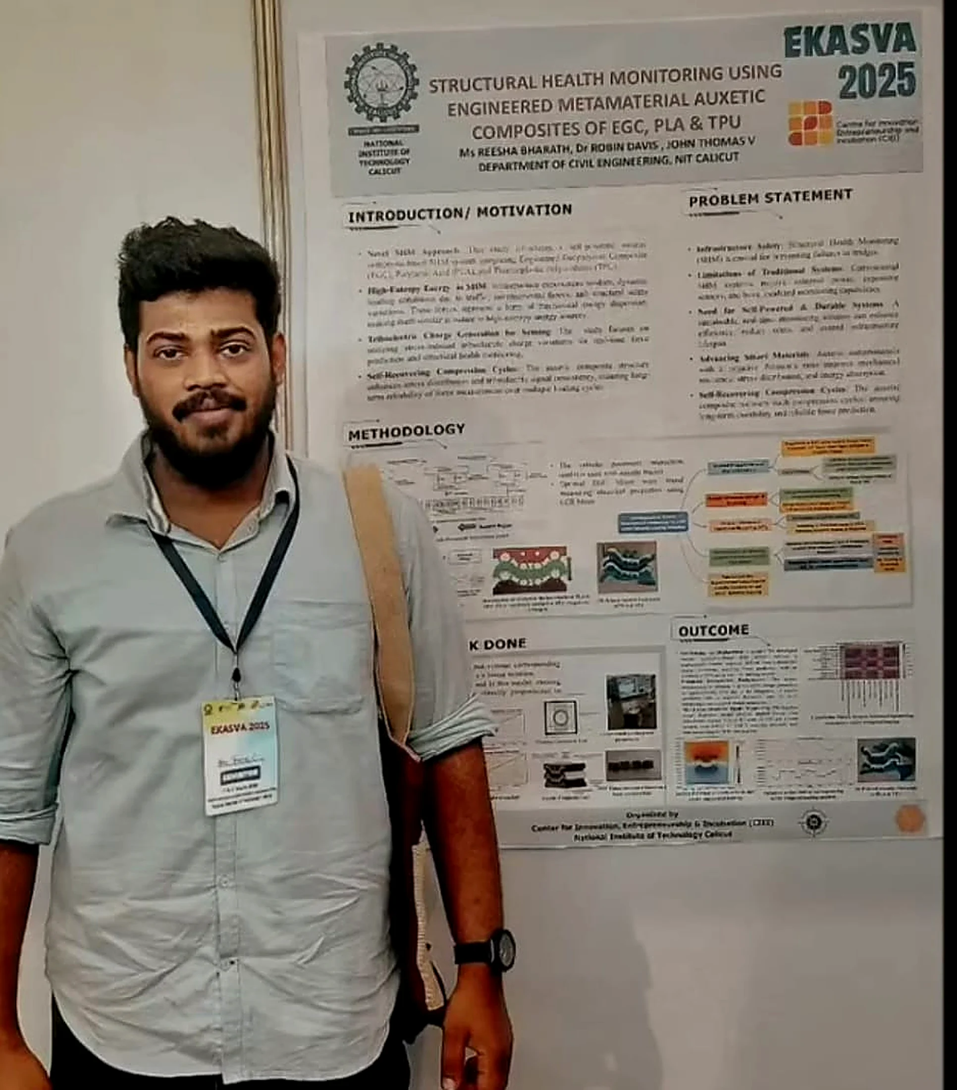 John Thomas V presenting research poster on structural health monitoring using engineered metamaterial auxetic composites of EGC at EKASVA 2025, NIT Calicut