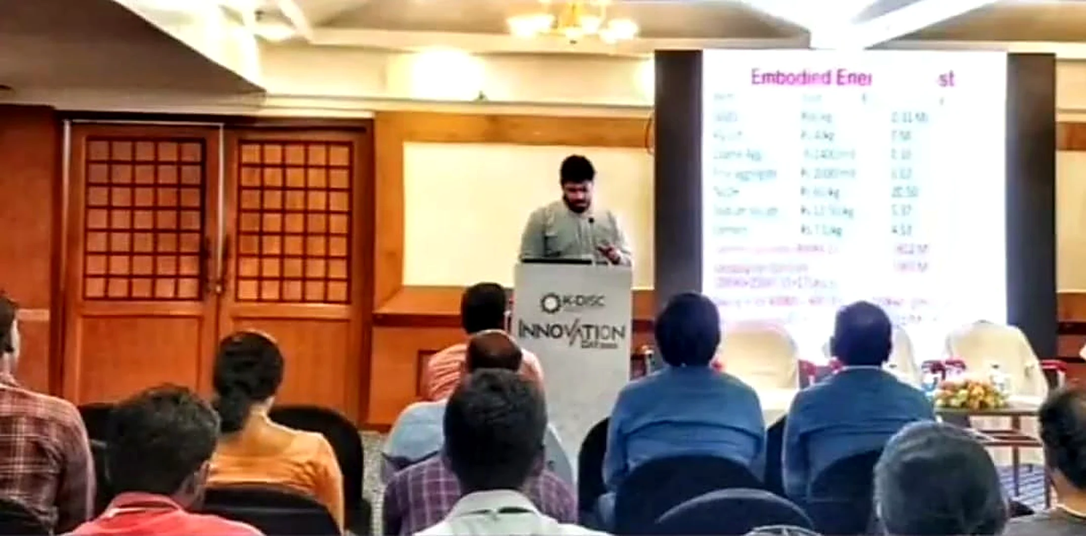 John Thomas V delivering a session on embodied energy and cost of alkali-activated concrete at Kerala Development and Innovation Strategic Council (K-DISC)